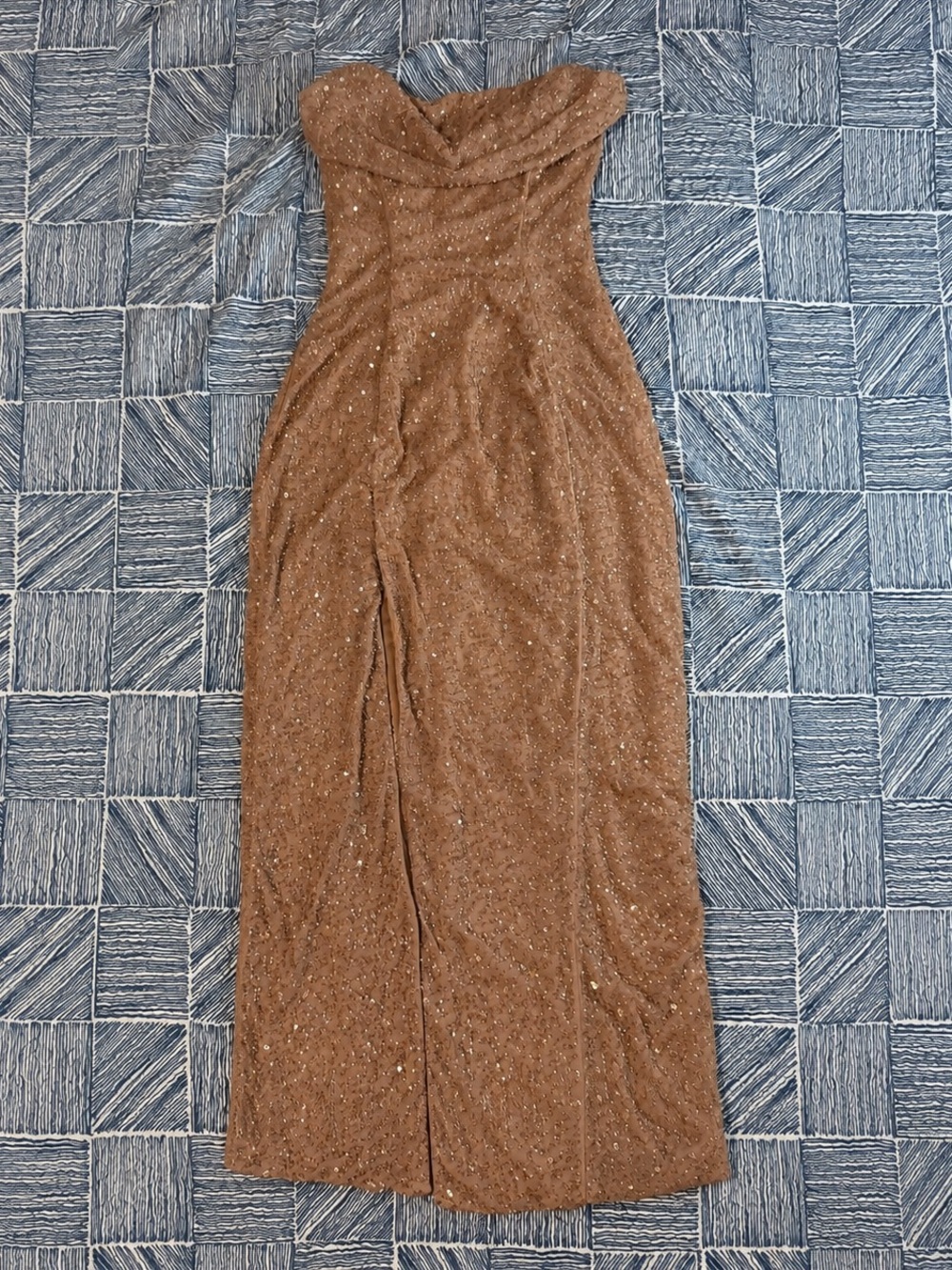 Oh Polly Strapless Sequin Gown in Warm Brown